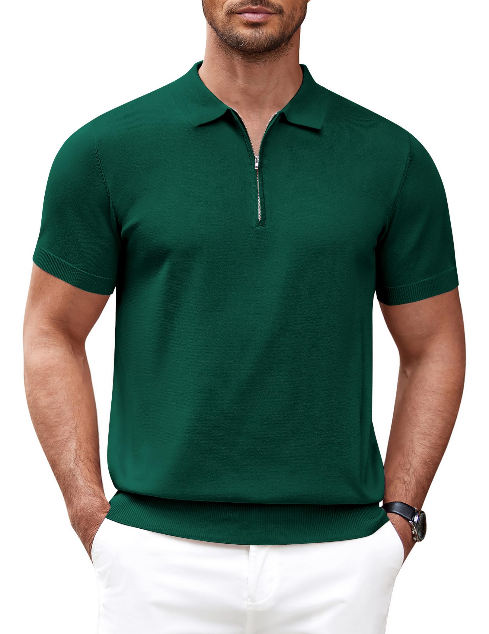 COOFANDYMen's Zipper Polo Shirt Casual Knit Short Sleeve Polo T Shirt Classic Fit Shirts