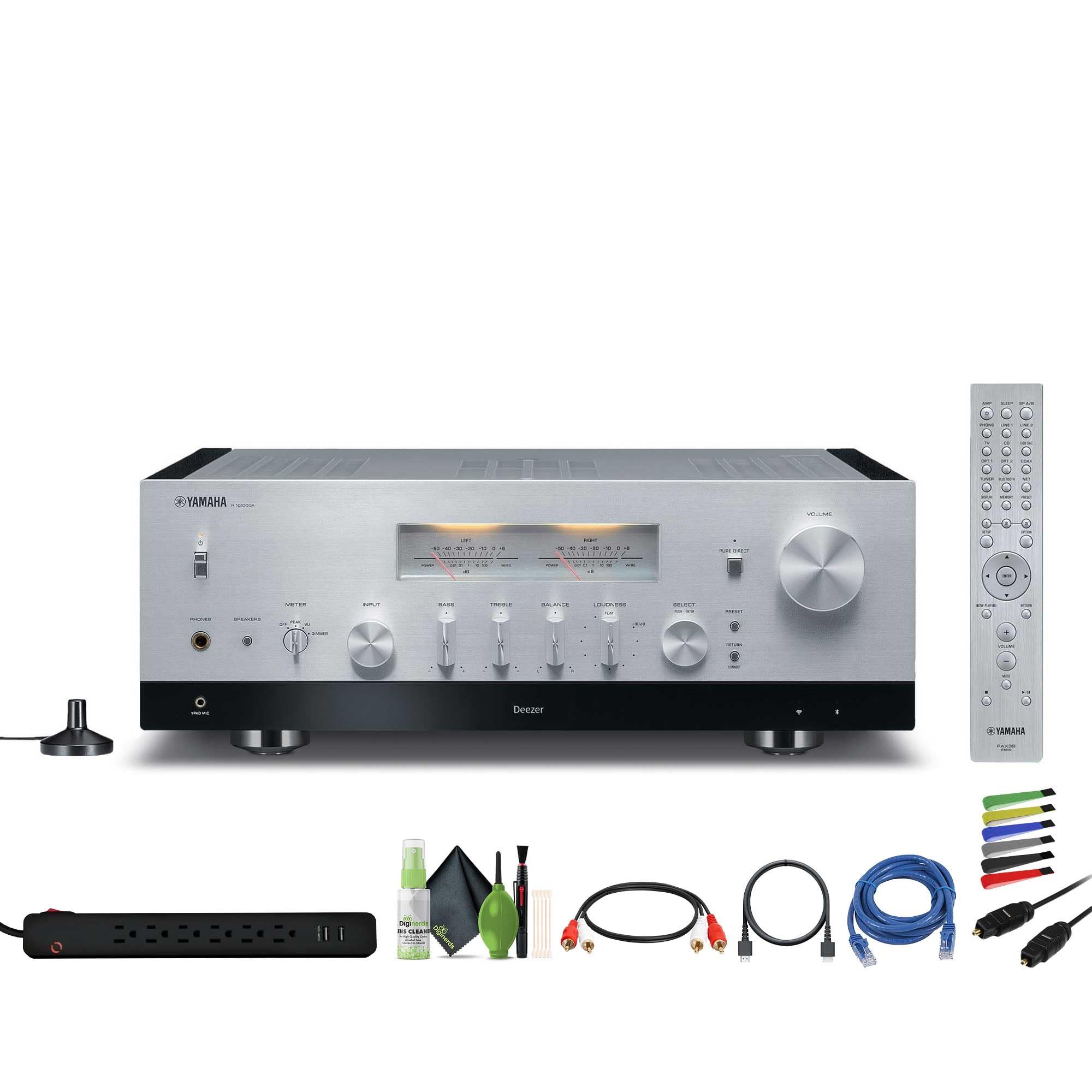Yamaha R-N2000A 2.1-Channel Network Stereo Receiver (Silver) Bundle with HDMI Cable + Dual RCA Male to Male + Cat5e Ethernet Patch Cable Stranded - Black + More