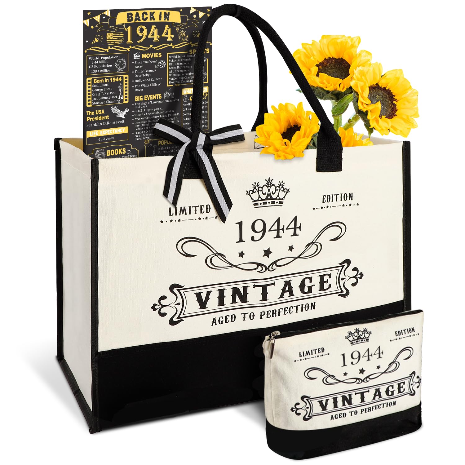 YeohJoy 82nd Birthday Gifts for Women Canvas Tote Bag Travel Gear, Unique 82 Years Old Birthday Gifts for Mom Aunt Friends Wife Sister Her, Vintage