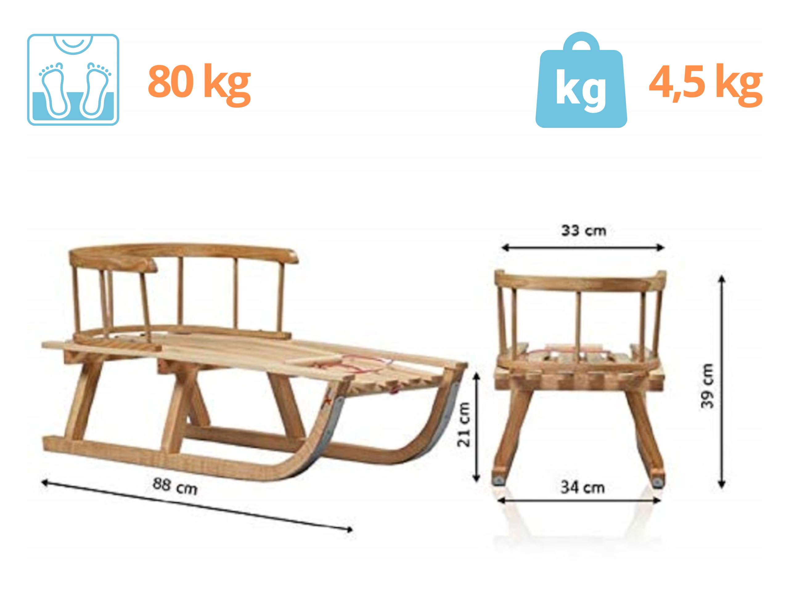 Holzschlitten für Kinder mit Rückenlehne Rodelschlitten Davoser Schlitten aus Holz mit einem Sicherheitsgurt und Matratze