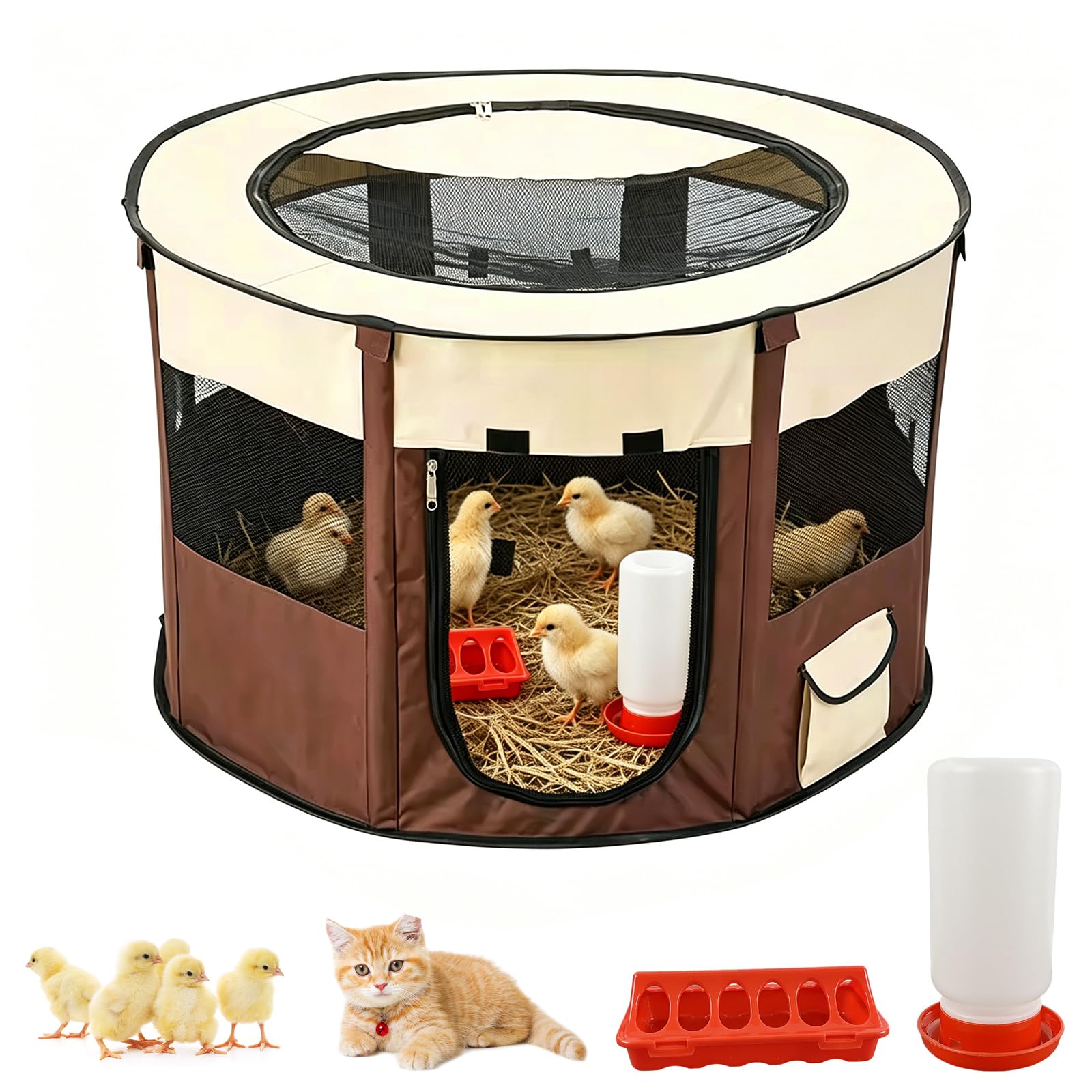 Caja de cría para pollitos, criadora de pollos de doble puerta con comedero y bebedero, gallinero portátil y transpirable, corralito de animales pequeños para criar hasta 15 pollitos, codorniz, pato