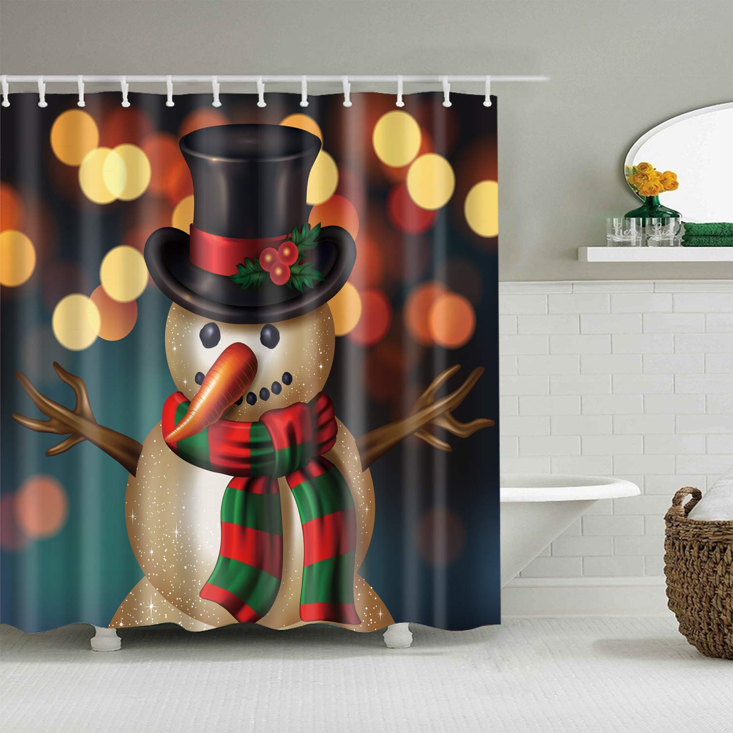 StoneMaxi 180x180cm Christmas Xmas Shower Curtain for Bathroom, 100% Polyester Fabric Waterproof Anti-Mould Proof Resistant, Quick-Drying, Washable with 12 Pcs Hooks (Snowman)