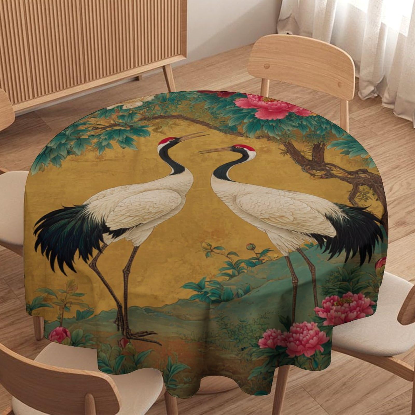 LUYYSKY Rustic Abstract Animals Crane Waterproof Round Tablecloth Modern Japanese Plants Peony Flowers Animals Crane Pattern Washable Table Cover for Kitchen-177.8" Wx177.8 L cm