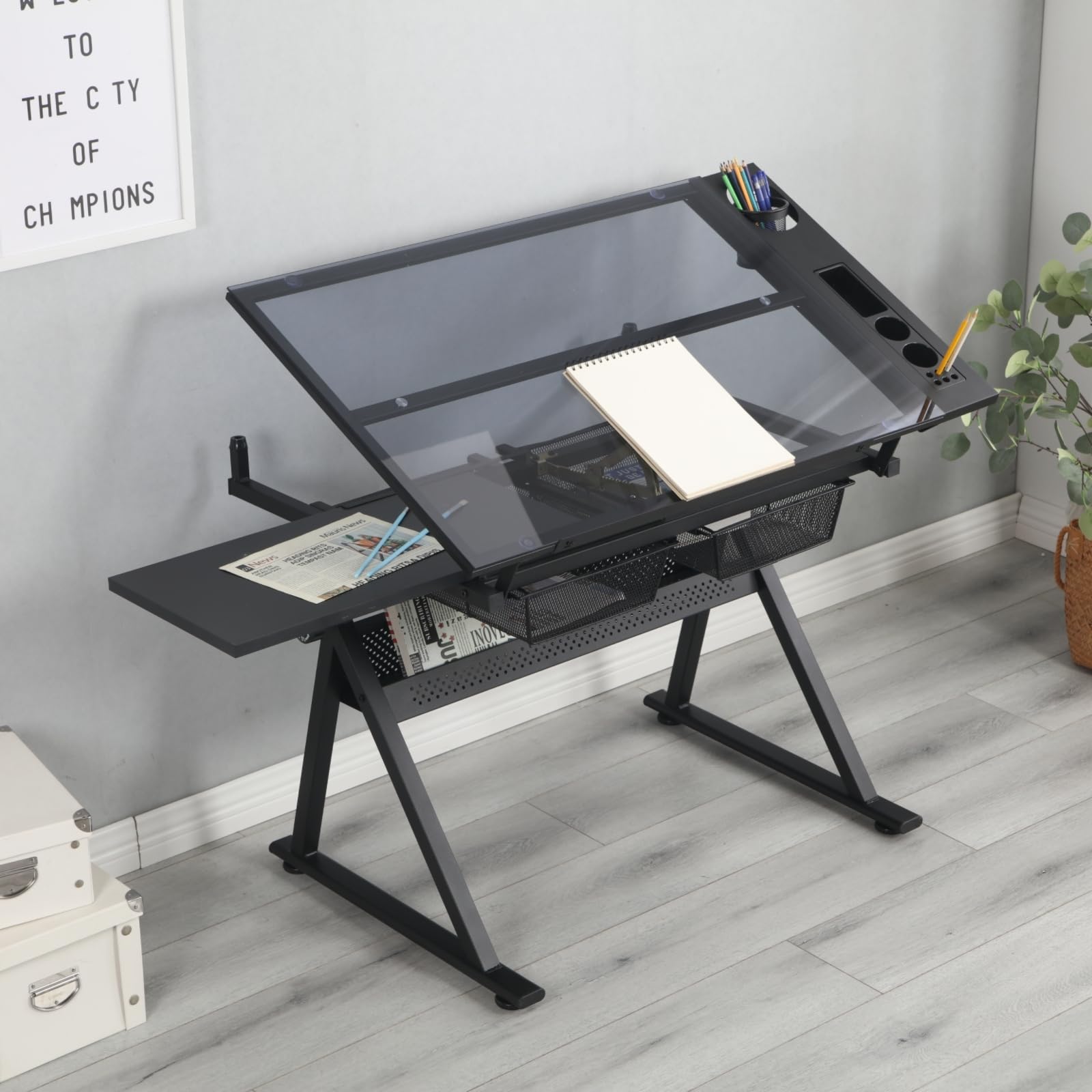 Mesa De Dibujo Con Taburete,Mesa De Pintura, Escritorio For Manualidades,Mesa De Trabajo Con Tablero De Vidrio Templado Inclinable,Escritorio De Pie Premium Ajustable En Altura For Proyectos De Bricol
