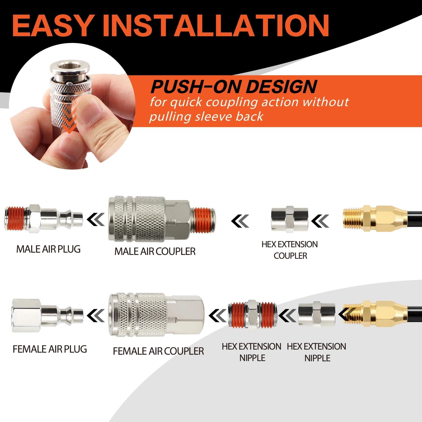 Kit de accesorios de aire universales NPT de conexión rápida de 48 piezas de 1/4 pulgadas | Niquelado con giro de 360° y sellador preaplicado | Incluye 14 enchufes, 4 acopladores y adaptadores para