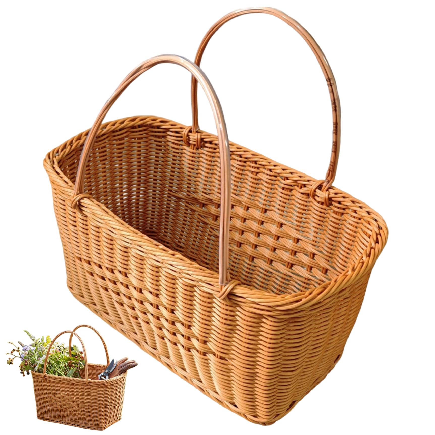 Handwoven Market Basket for Groceries with Reinforced Frame – Wicker Basket with Handle Farmers Market and Home Decor Harvest Baskets, Brown 12x6x8 in