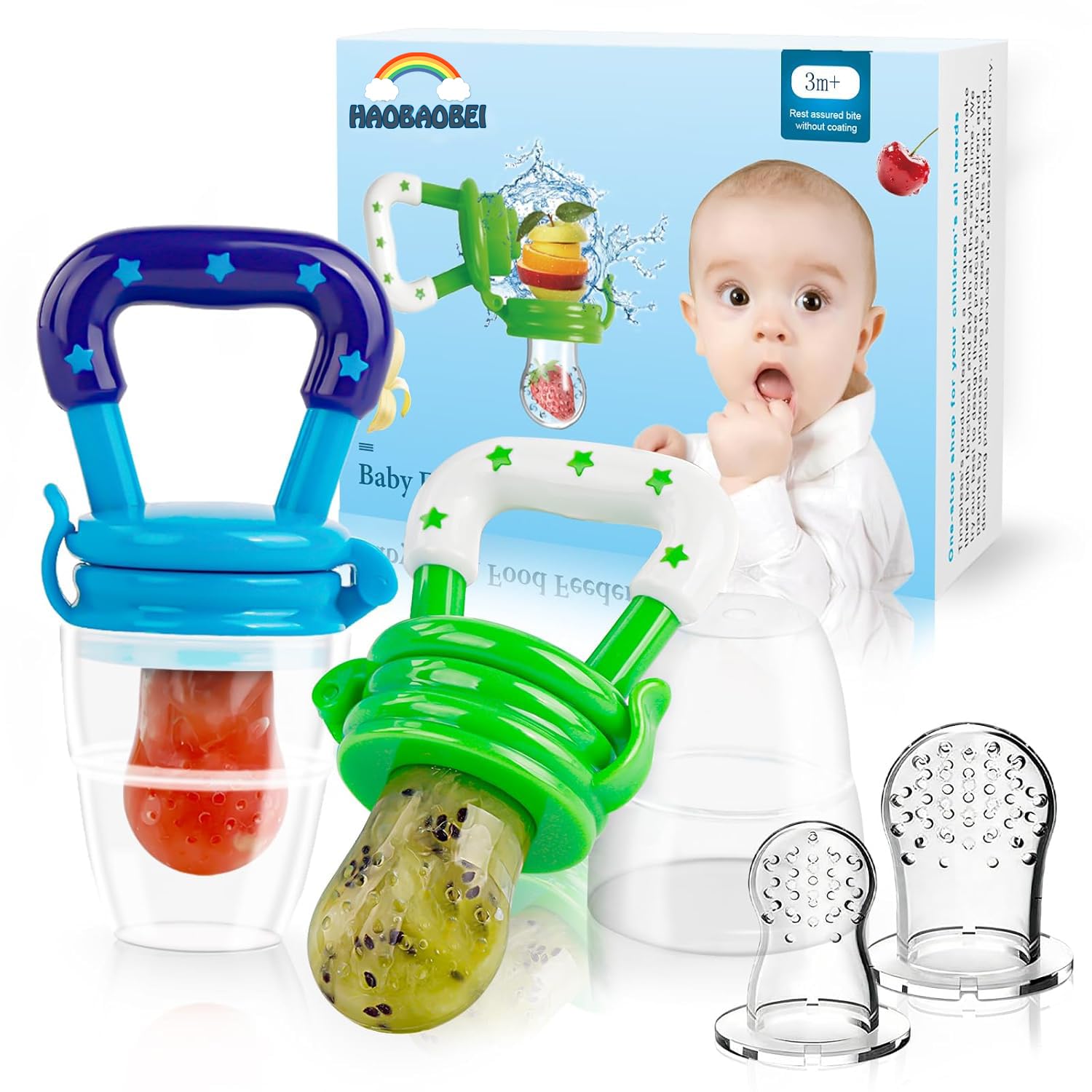 Baby Fruit Feeder/Food Feeder Pacifier for Babies (2 Pack) - HAOBAOBEI Mesh Teethers for Babies, Infant Teething Toy in Appetite Stimulating Colors, Bonus Includes 3 Sizes Silicone Pouches