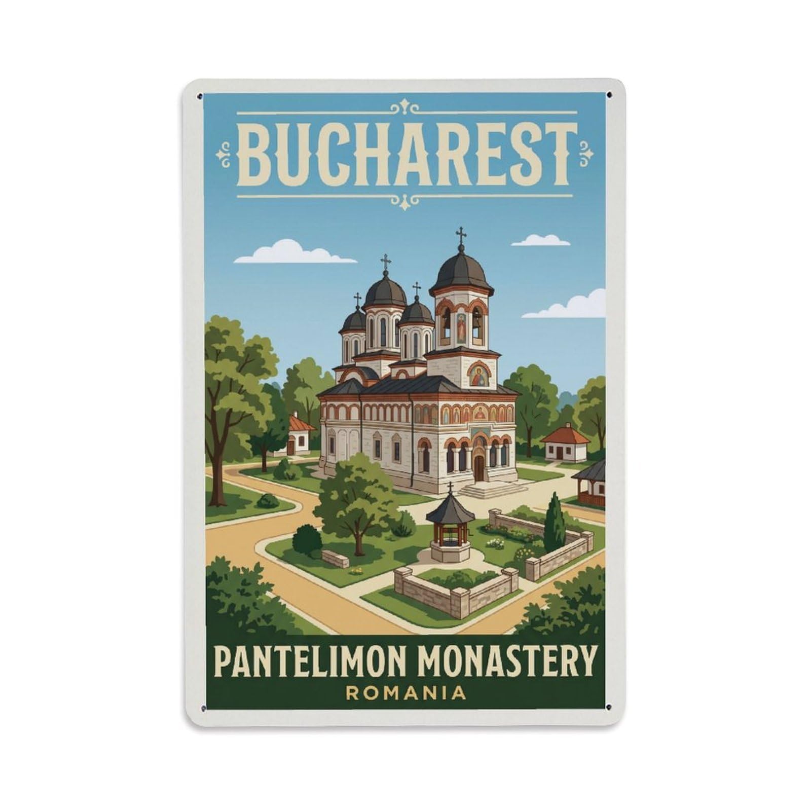 Vintage Travel Bucharest Pantelimon Monastery Clean Romania Metal Tin Sign Plaque Wall Decor for Cafe, Club Bar, Office, Home Garden Metal Poster 8x12Inch