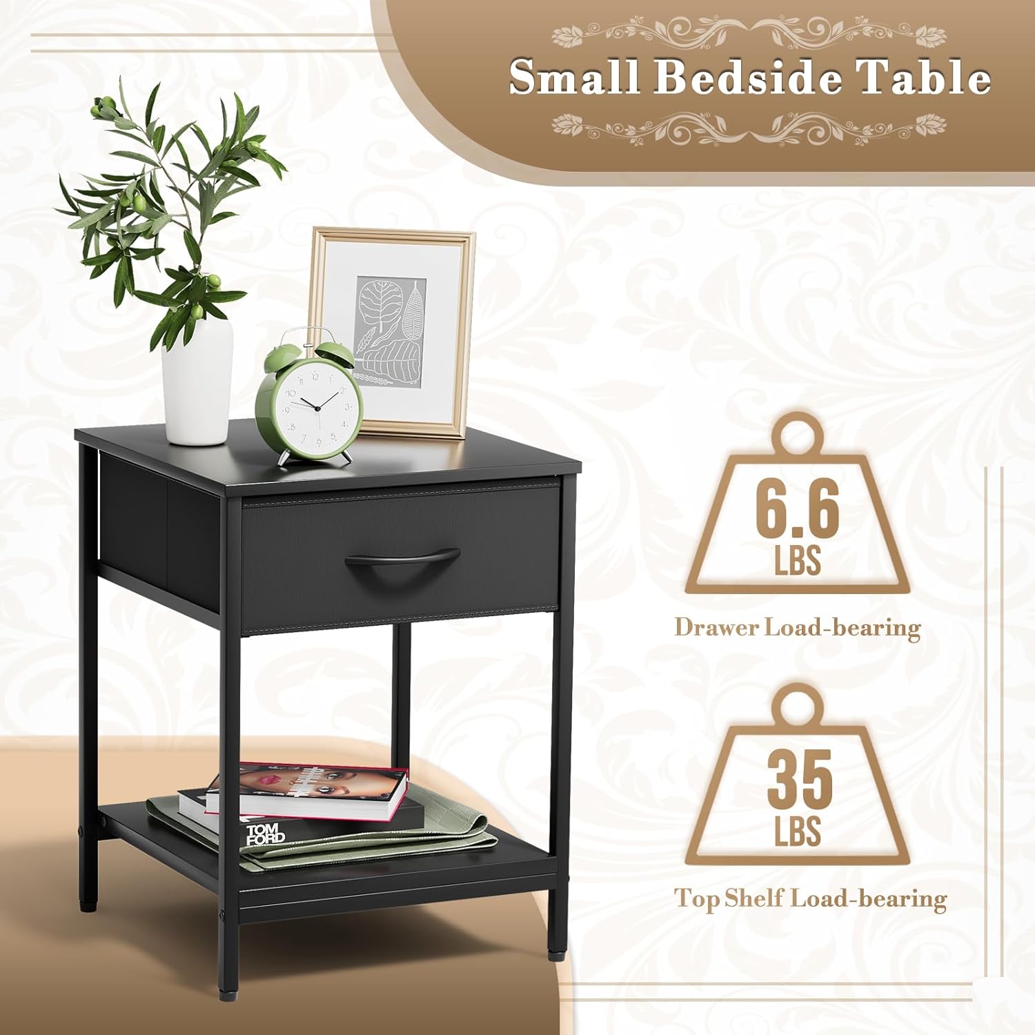 Athena Collection Single Drawer Nightstand Chest Storage with Open Shelf, End Table with Drawer, Bedside Table with Steel Frame for Bedroom, Dorm, Living Room, Hallway, Black