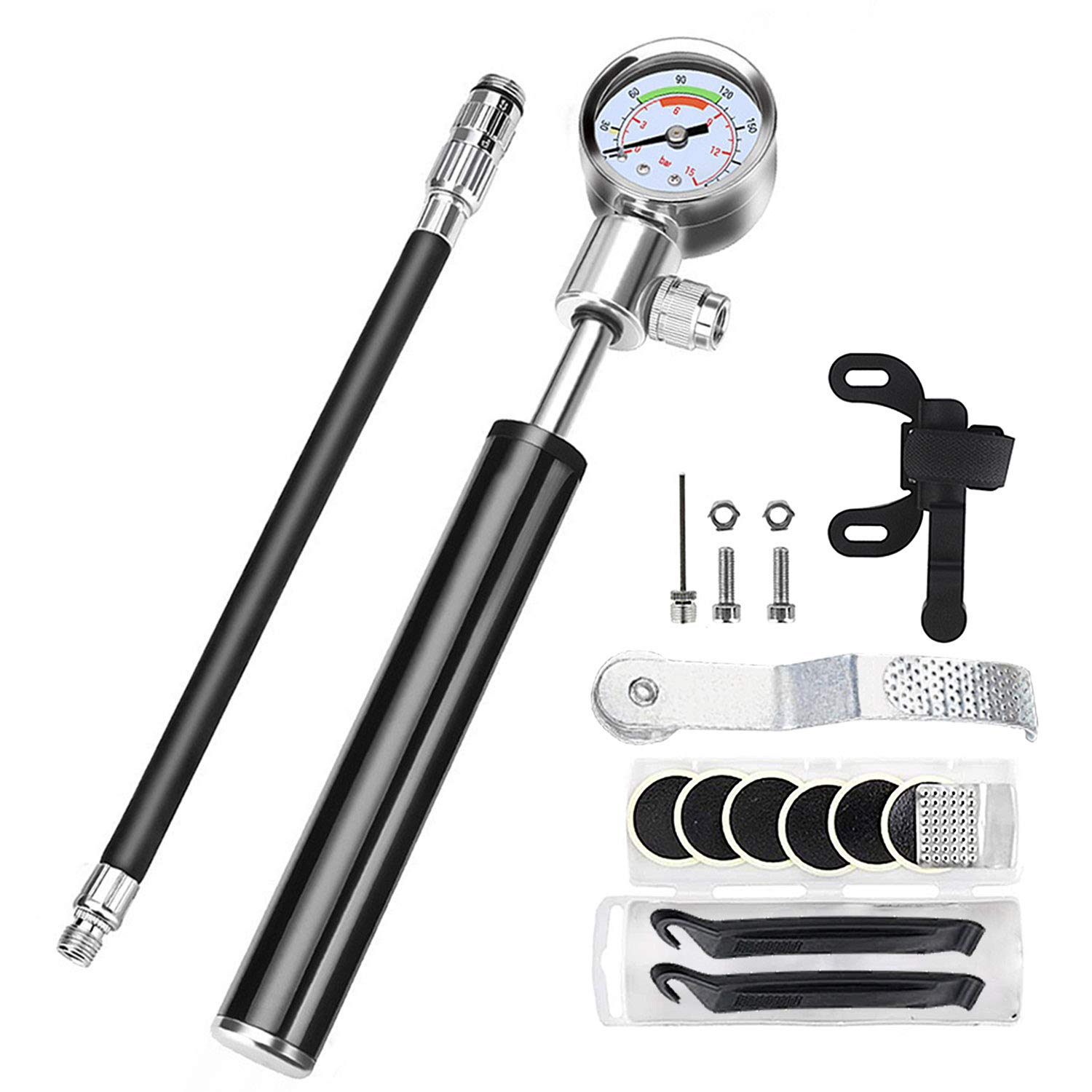 COOLWHEELMini Bike Pump - Bicycle Frame Mount 210Psi High Pressure Schrader & Presta Valve Inflation Air Pump with Gauge and Puncture Tire Repair Kit for Road,Mountain Bikes,Balls
