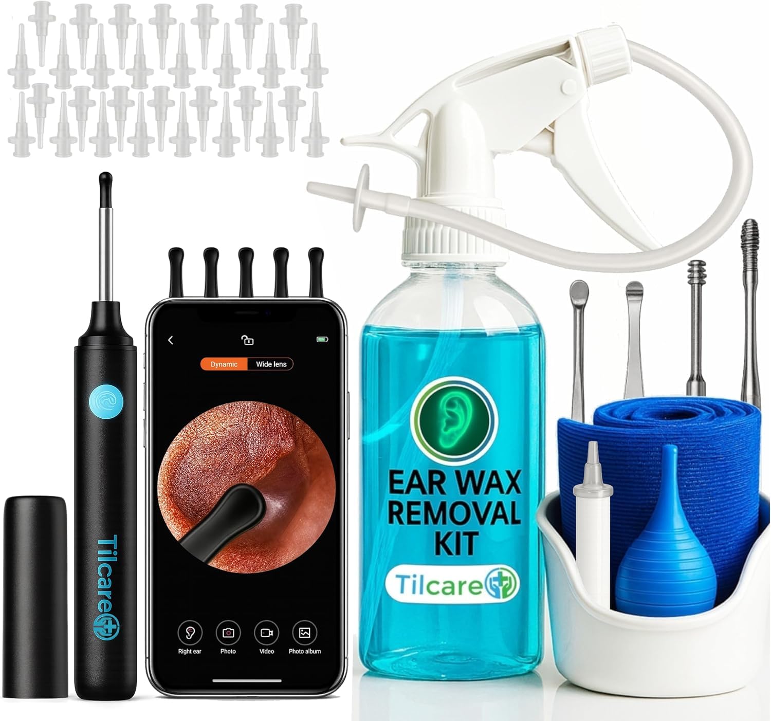 Tilcare Strumento per la Rimozione Cerume con Telecamera - Sistema per Irrigazione dell'Orecchio per Adulti e Bambini - Include Bacinella, Siringa, Kit Curette, Asciugamano e 30 Punte Monouso