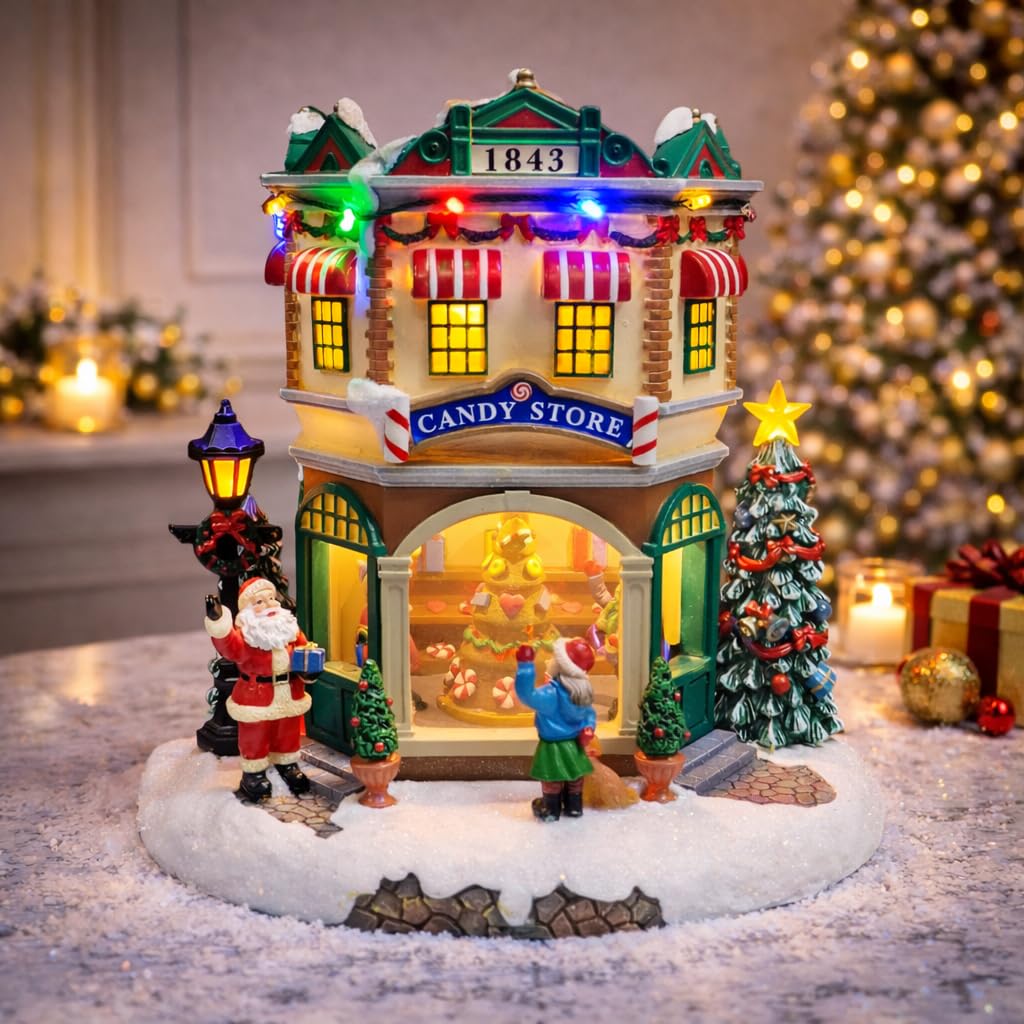 MOMENTS IN TIME Village de Noël LED et magasin de bonbons musicaux en polyrésine 26 cm de hauteur