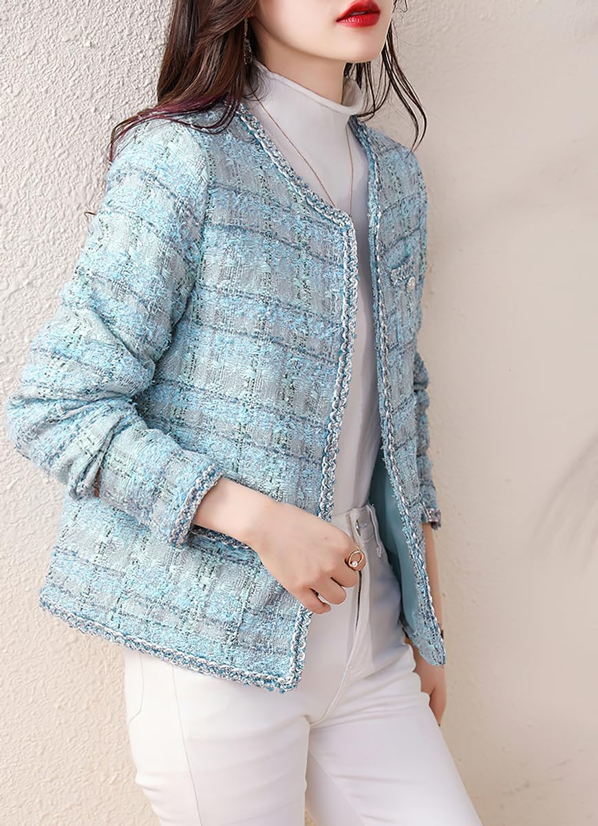 Cardigan élégant pour Femme Veste en Tweed Travail décontracté Cardigan de Bureau Haut Court Slim sans col Boutonné Veste de Costume d'affaires décontractée