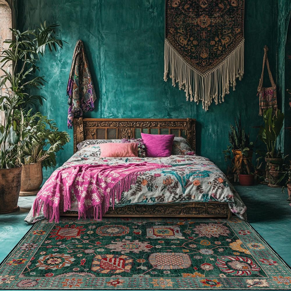 Tapis de salon vert rétro 140x200 cm lavable et doux à poils courts