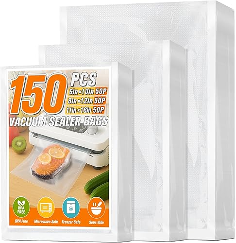 FUNFERY Bolsas selladoras al vacío precortadas para alimentos, 150 pintas de 6 x 10 pulgadas y cuarto de galón de 8 x 12 pulgadas y galones de 11 x