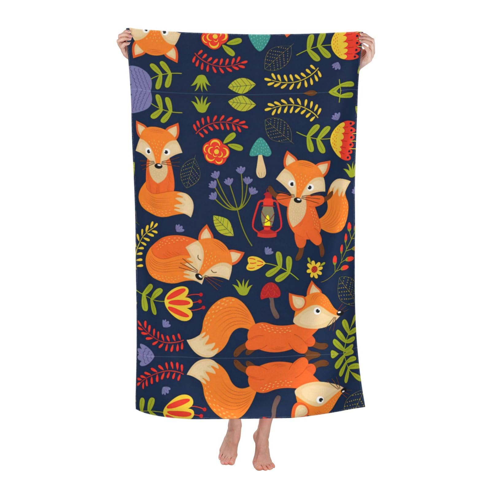 Oazcvbnn Women's White Cute Animal Fox Flower Print Adult Beach Towel Summer Travel Pool Vacation Swimming Fitness Outdoor Adventures
