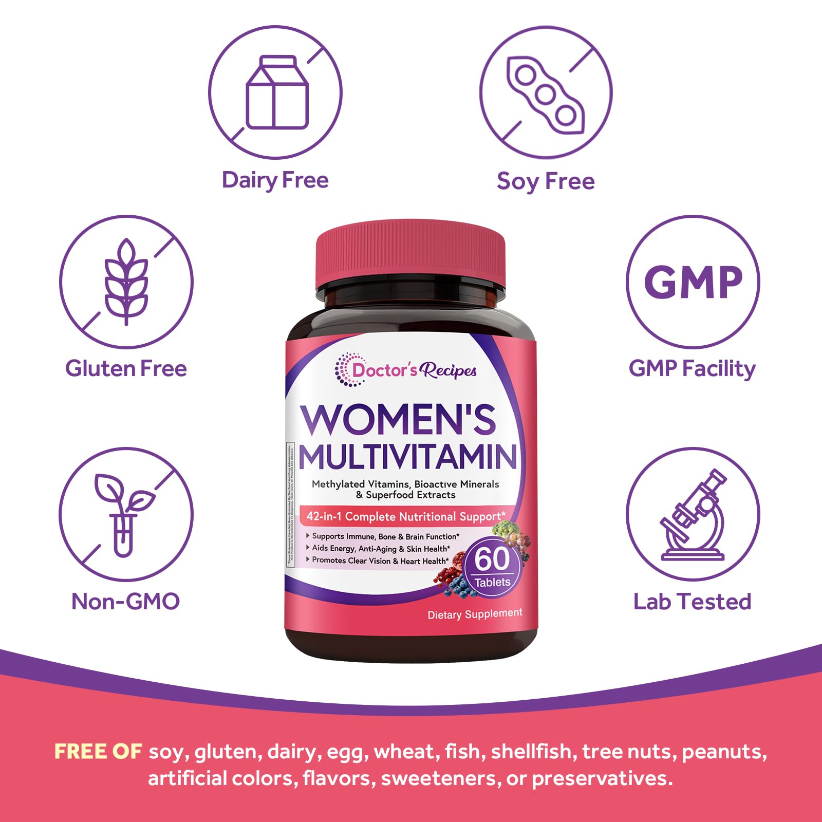 Doctor's Recipes Women’s Multivitamin, Complete Methylated Multivitamins, Vitamin A, C, D, E, B12, Iron, Inositol & Superfood, Hair Growth, Immune, Energy, Blood, Ages 18+, Easy to Swallow, 60 Tablets — Amazon image 5