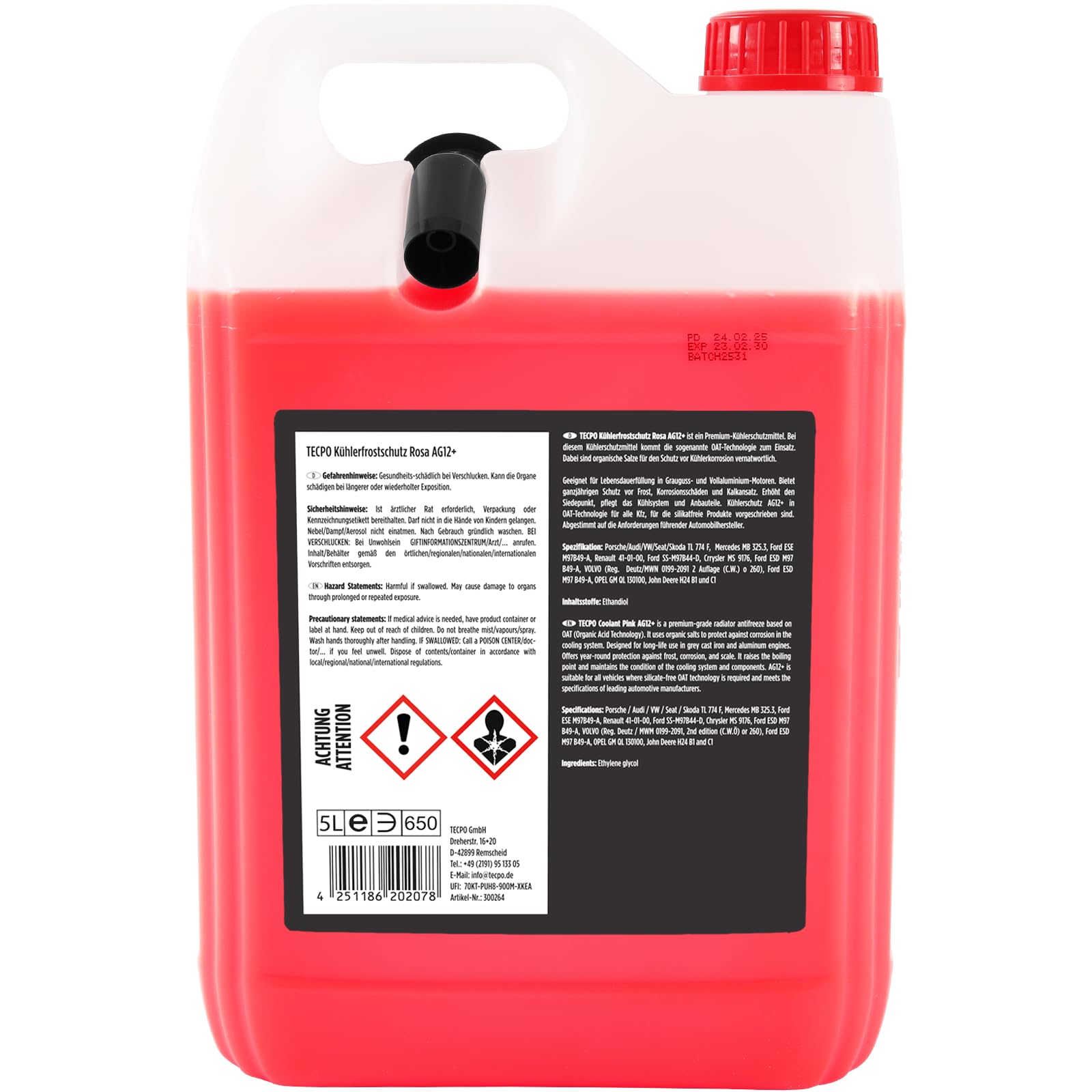 TECPO Anticongelante rojo G12+ Anticongelante -40 °C, color rosa, 20 L
