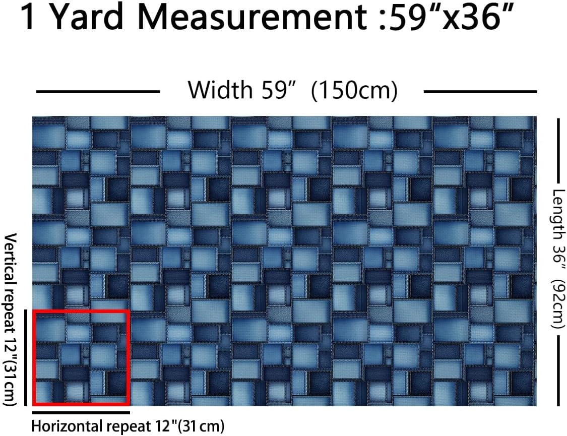 Feelyou Geometric Outdoor Fabric by The Yard, Abstract Denim Art Upholstery Fabric for Chairs, Vintage Blue Rectangle Decorative Fabric for Home DIY Projects, 1 Yard, Blue