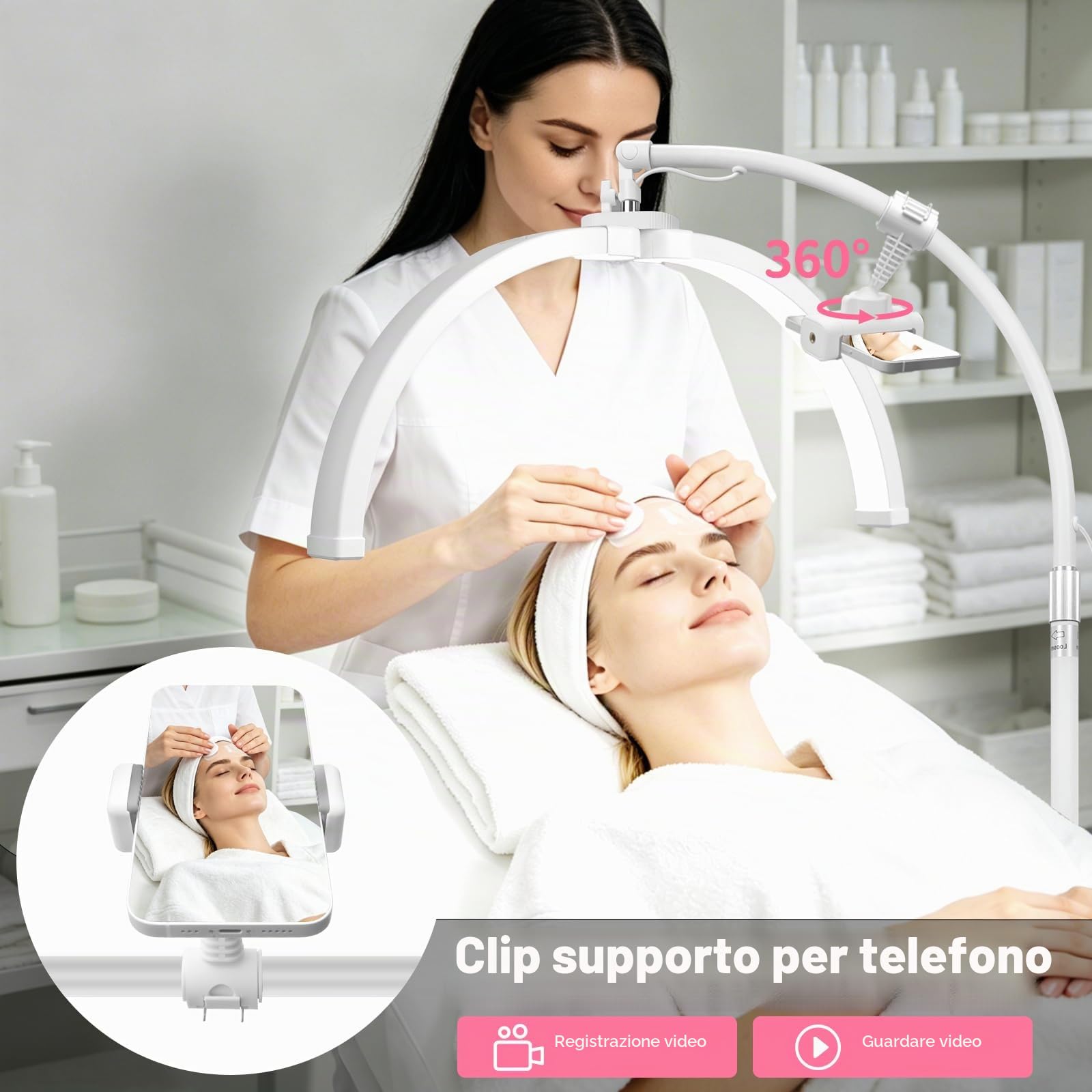 CGBE Lampada per Extension Ciglia Professionale Dimmerabile LED Mezza Luna | Lampada Lashmaker con Porta Cellulare - Testa Rotabile a 360° - Altezza Regolabili Lampada da Terra per Estetista - Bianco