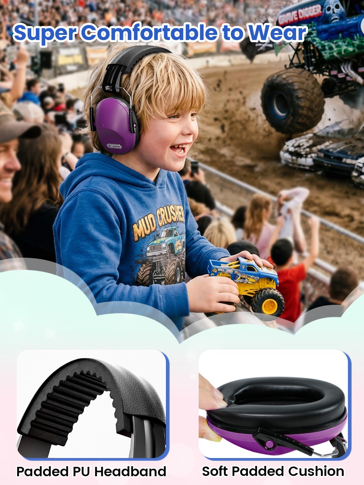 Dr.meter Ear Muffs for Noise Reduction, Kids Ear Protection Earmuffs Purple view 3