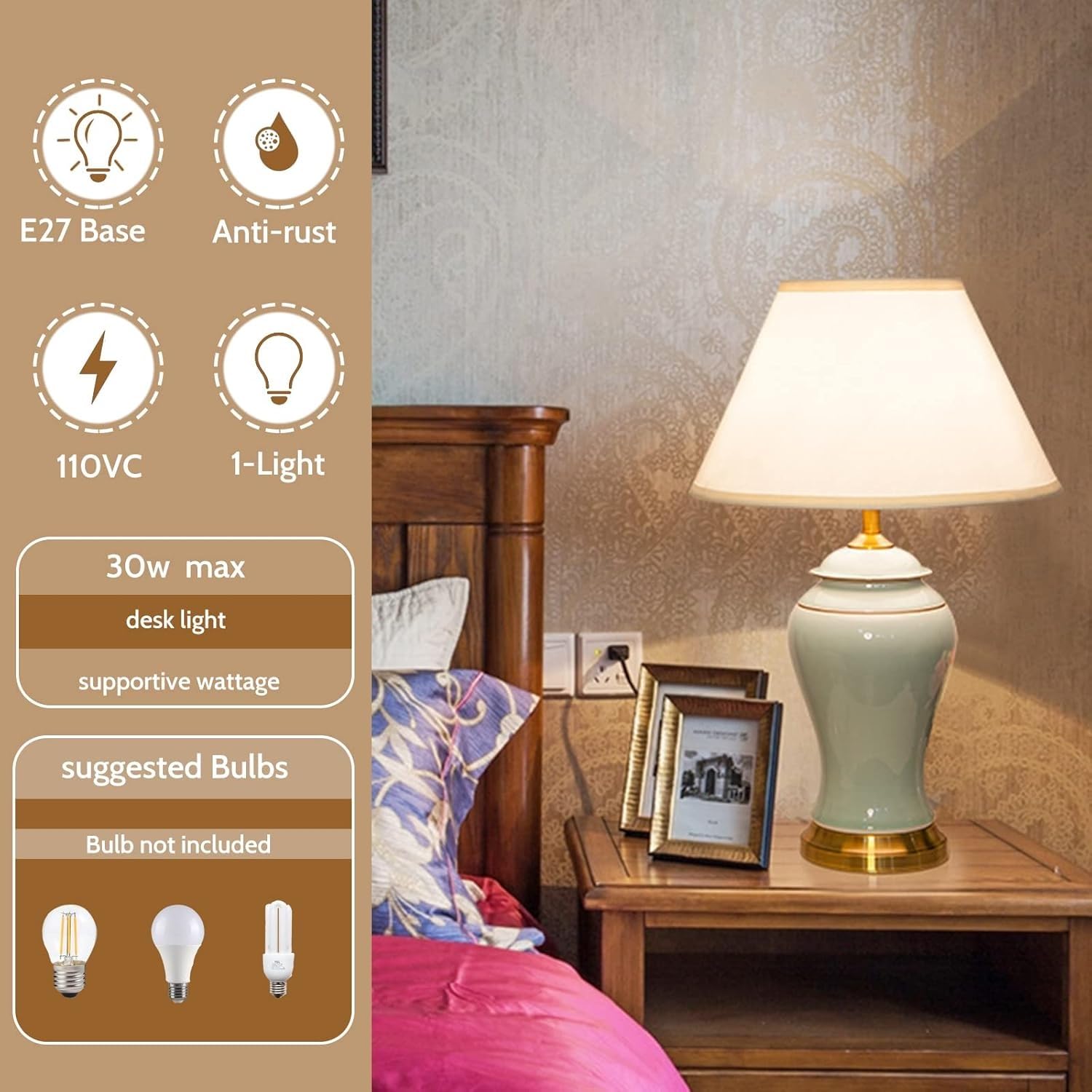 Lampa stołowa ceramiczna Farmhouse, złota podstawa, dioda LED, lampa biurkowa w stylu chińskim Cottage Modern Bedside Desk Nightston Lampa stołowa