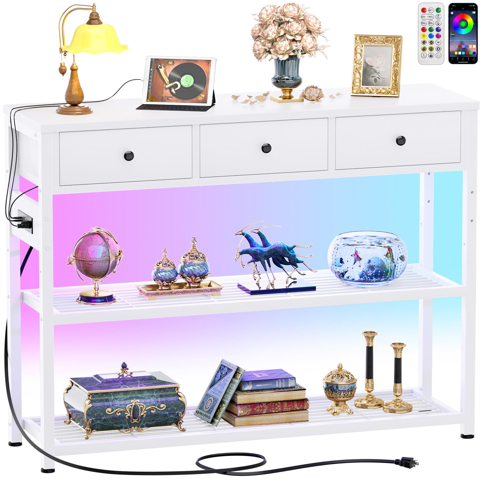 Console Table for Entryway with Power Strip, Entryway Table with RGB LED Lights, Entry Table with Storage Drawers, Sofa Tables Narrow Long for Living Room, Couch, Hallway, Foyer, 47'', White