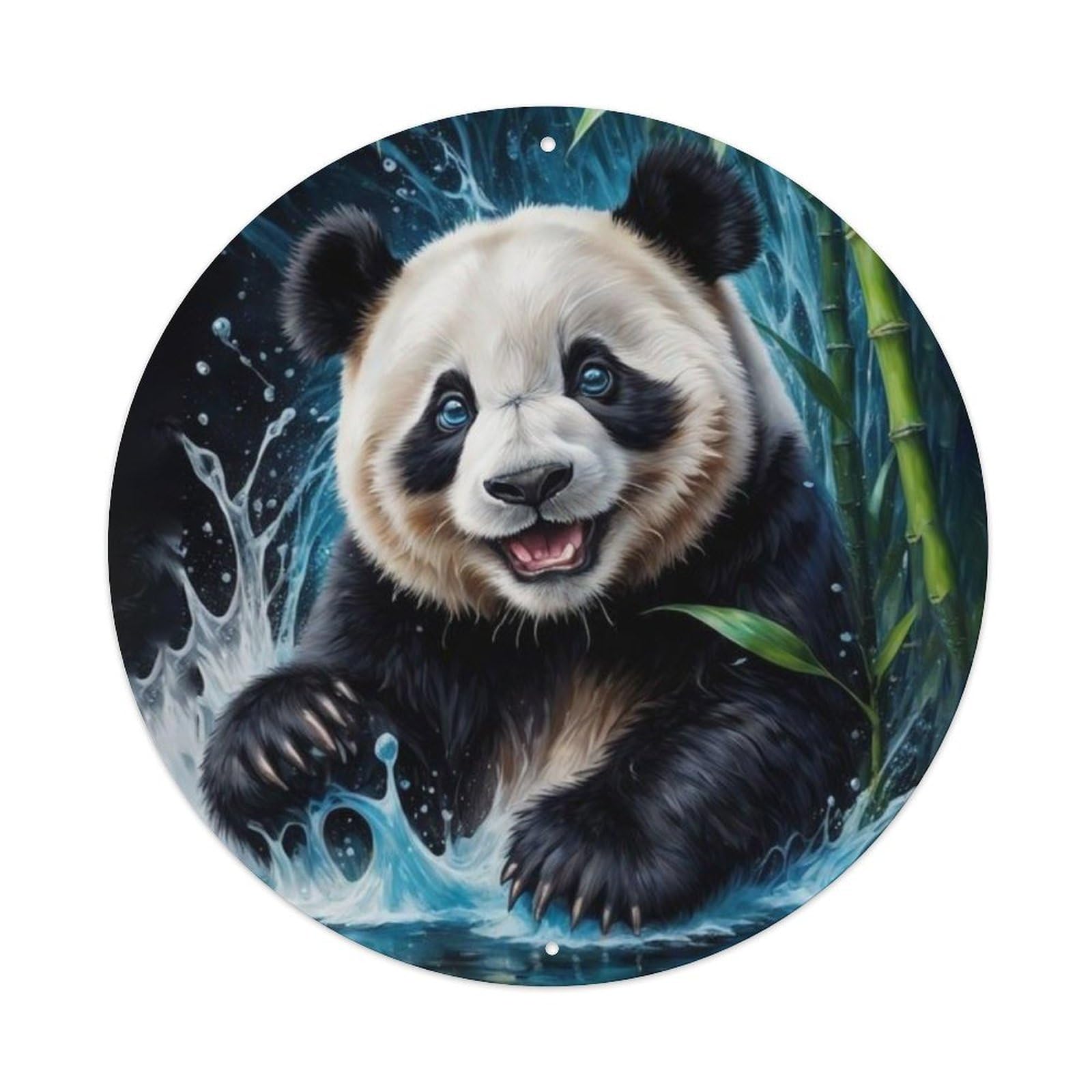 Animal Cute Giant Panda Splashing Water Fresh Bamboo Vintage Metal Tin Sign Plaque Wall Decor for Cafe, Club Bar, Office, Garden Metal Poster 8x8Inch