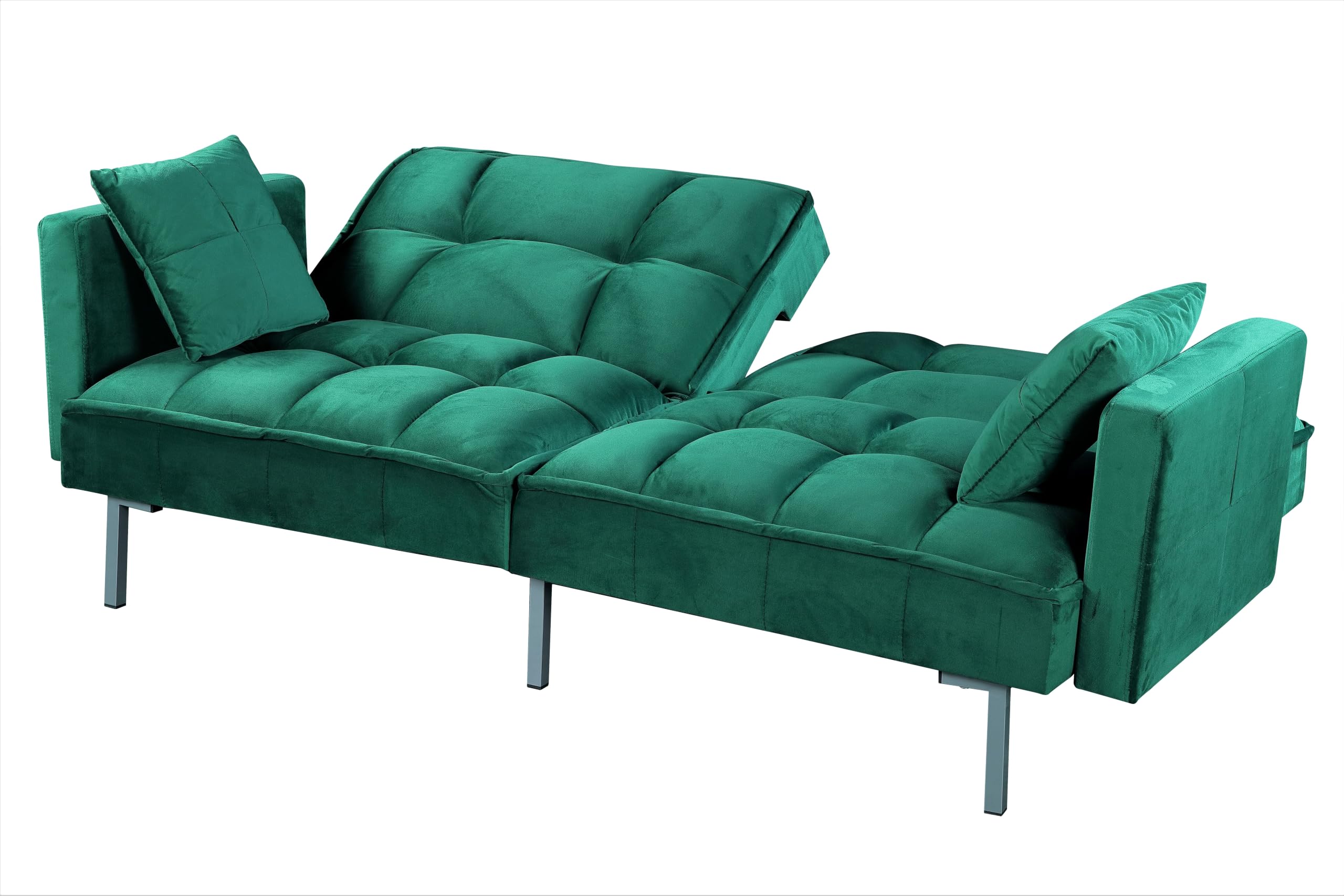 Container Furniture Direct Regal 75.6" Velvet Convertible Sofa Bed - Mid-Century Sleeper Couch w/Tufted Design & Metal Legs - Pull-Out Futon for Guests/Home (75.6" W x 34.6" D x 32" H), Green