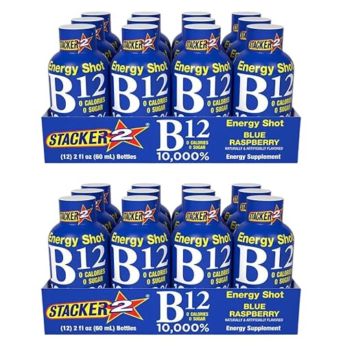 Stacker 2 Blue Raspberry B12 Energy Shot, 2 onzas (paquete de 24)