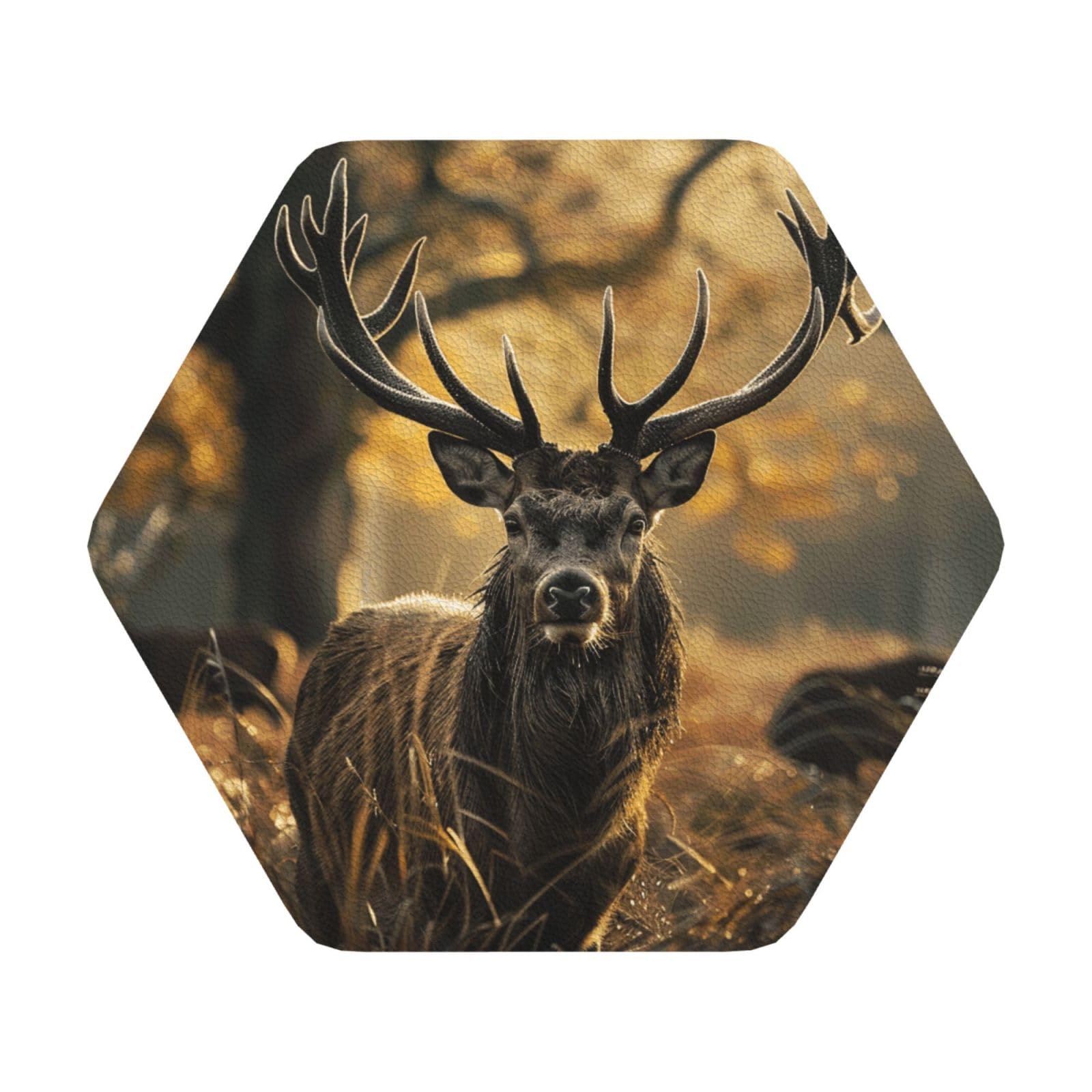Antler Red Deer Print Leather Coaster Set of 6, Hexagon Coasters Table Decorative Coffee Cup Beverage Coasters Wine Beer Bar Coasters for Hot Drinks Table Protection