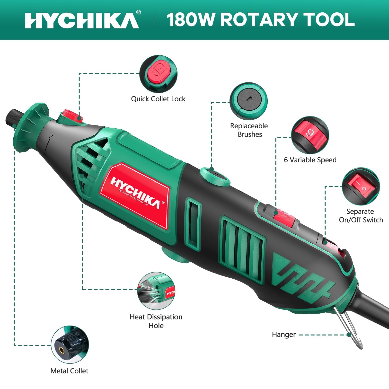 HYCHIKA 8000-35000 giri/min, strumento rotante a velocità variabile 180 W con 179 accessori con albero flessibile, supporto per catena e borsa degli attrezzi