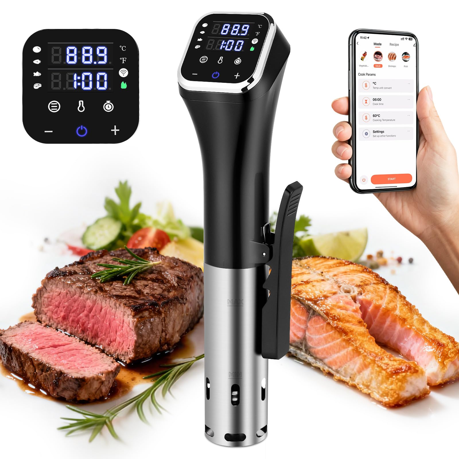 1100W Smart Sous-Vide-Garer mit WLAN-App, Umwälzthermostat ±0,1°C, 4D-Heizsystem, Temperaturbereich 25–95°C, Edelstahl-Schongarer für die heimische Küche