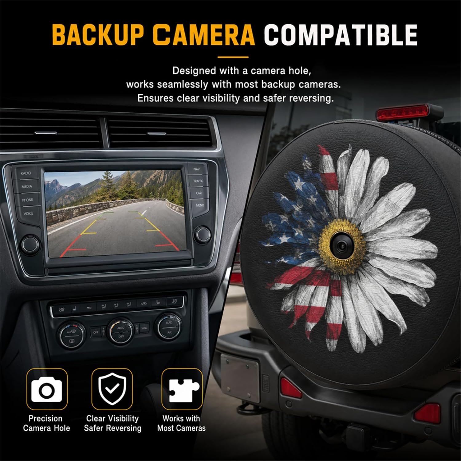 17 inch American Flag Daisies Print Leather Spare Tire Cover with Backup Camera Hole, Tire Cover Waterproof & UV Resistant, Fits JL RV SUV Trailer All-Weather Wheel Protector