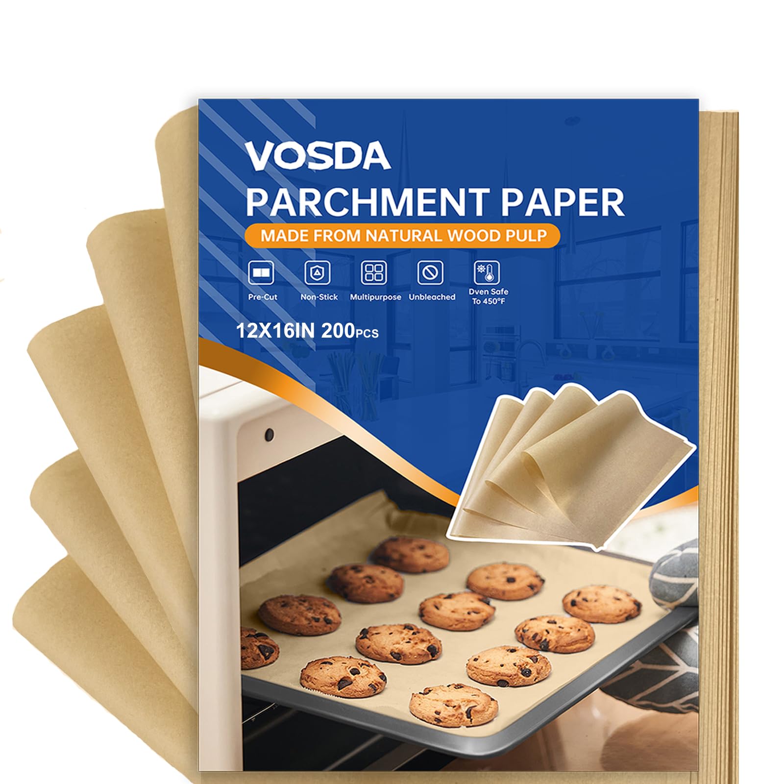 Vosda Hojas de papel pergamino para hornear de 30.5 a 40.6 cm, papel de pergamino antiadherente sin blanquear para freidora de aire, hornear, asar, cocinar al vapor, horno, apto para pan, pasteles,