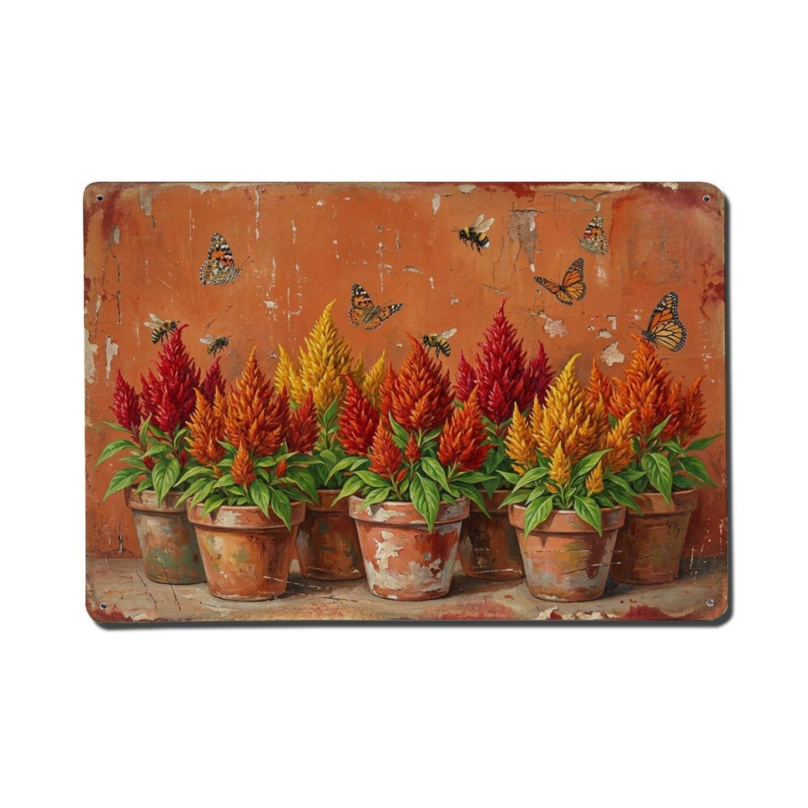 Vintage Rustic Flower Potted Plants Celosia Metal Tin Sign