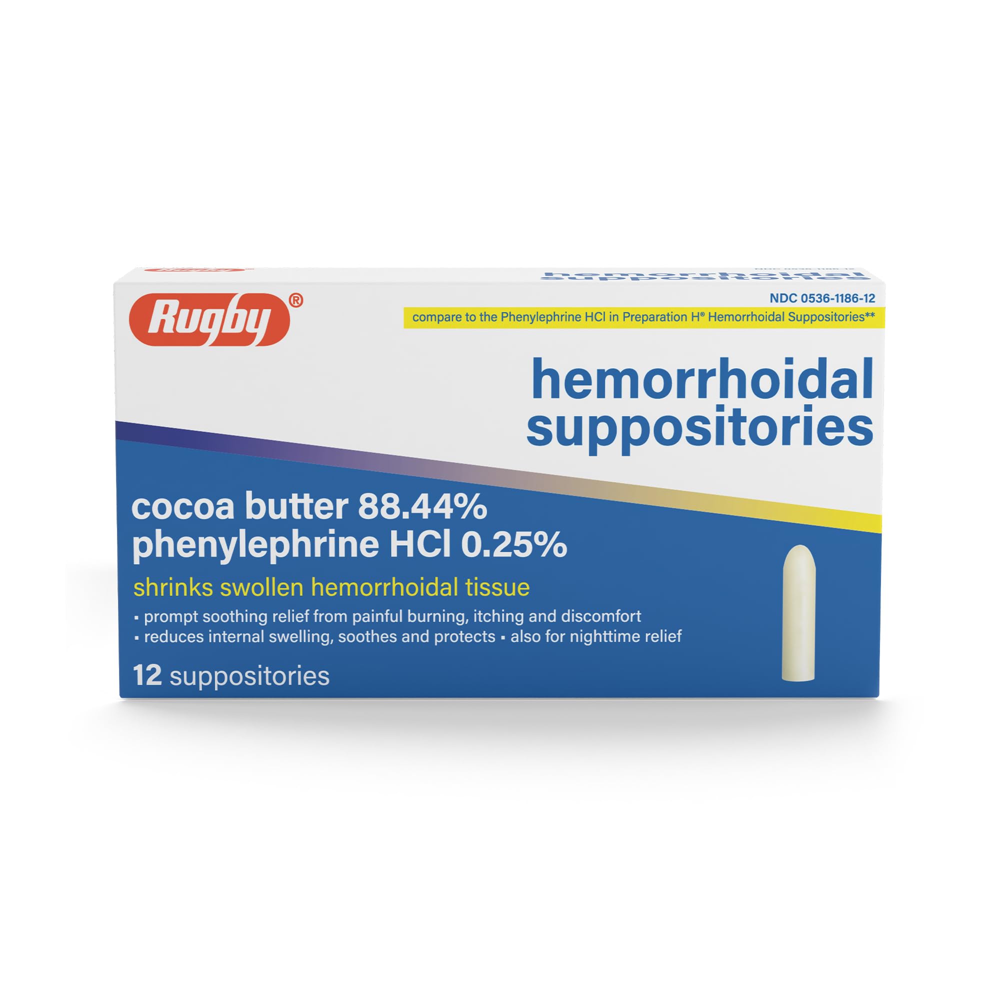 Rugby Hemorrhoidal Suppositories - Soothing and Shrinking Action for Internal Hemorrhoids with Cocoa Butter and Phenylephrine HCl, Easy Open Design - 12 Count