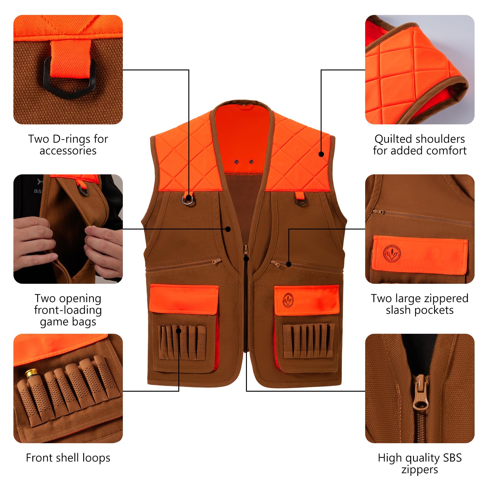 BASSDASH Gilet da caccia per uccelli con tasche multiple, arancione e marrone, resistente all'acqua, antistrappo, per uomini e donne