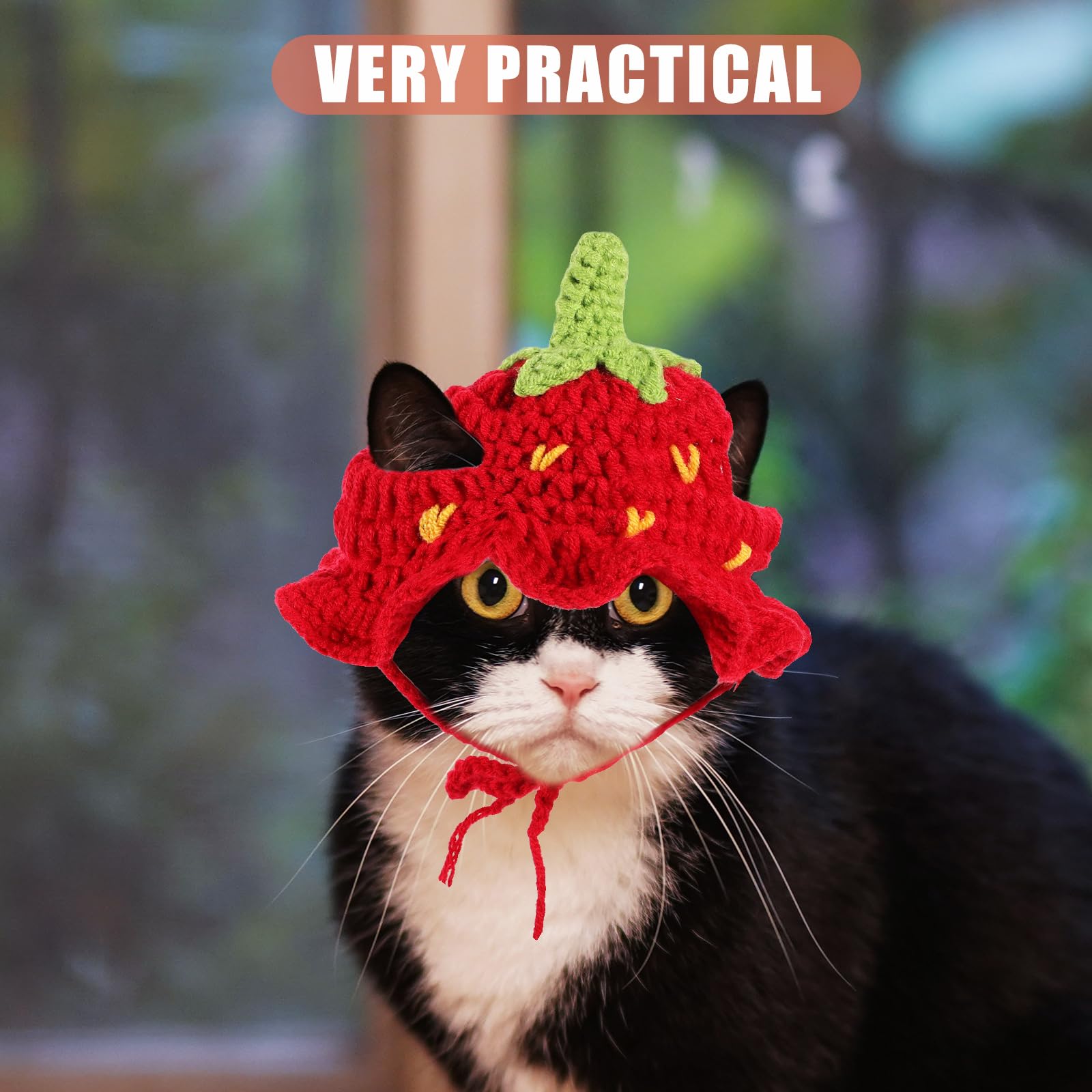 PartyKindom Handmade Crochet Strawberry Hat for Dogs and Cats - Adjustable Pet Costume for Birthdays and Holiday Parties - Cute Photo Prop Fun Dress Up Accessory in Red