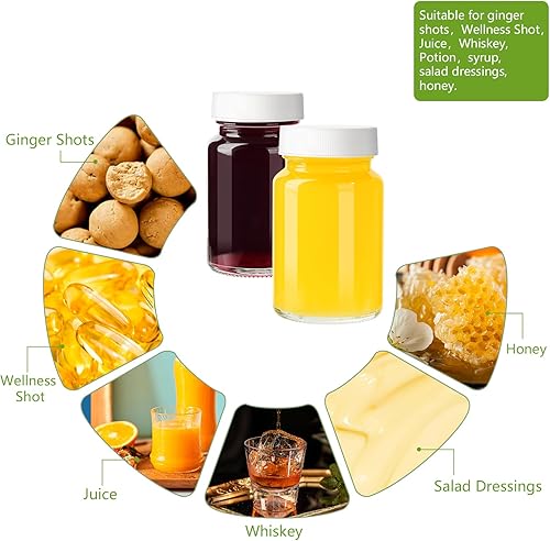 Miniatura 4 de Paquete de 12 botellas de vidrio pequeñas reutilizables de 2 onzas con tapas, botellas de bienestar para jugo, jengibre, mini frascos de vidrio con