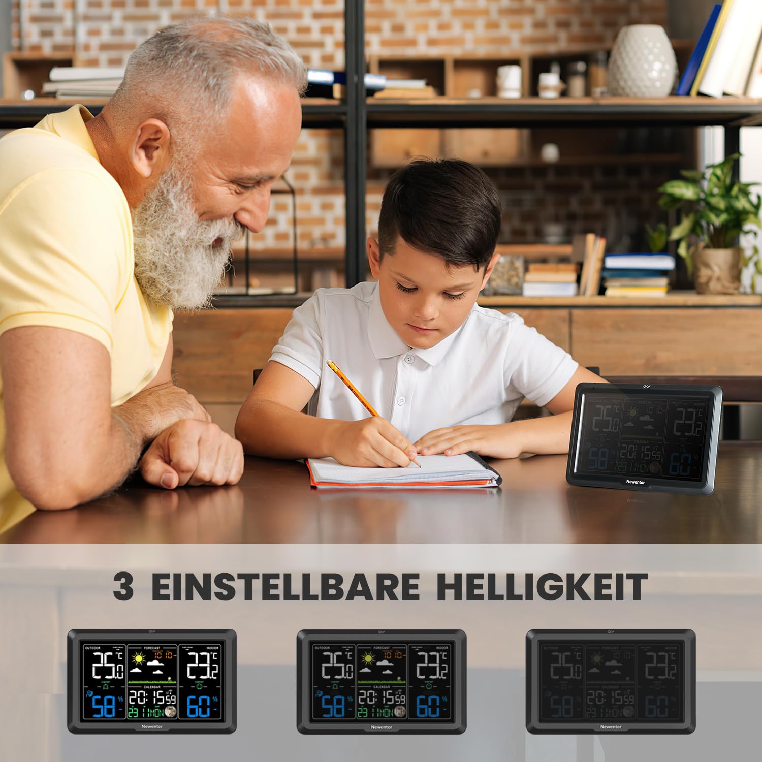 Newentor Wetterstation Funk mit Außensensor - Lebenslange Außensensor-Garantee - Lebendiges VA-Display für 330°Ablesbarkeit - Dauerhafte Beleuchtung, Schwarz