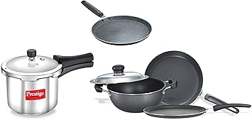 Prestige Popular Outer Lid Pressure Cooker, 2 Litres, Silver&Prestige Omega Deluxe Granite Dosa Tawa, 28 cm, Black&Prestige Omega Select Plus Residue Kitchen Set, 3-Pieces, black/Silver, Aluminium