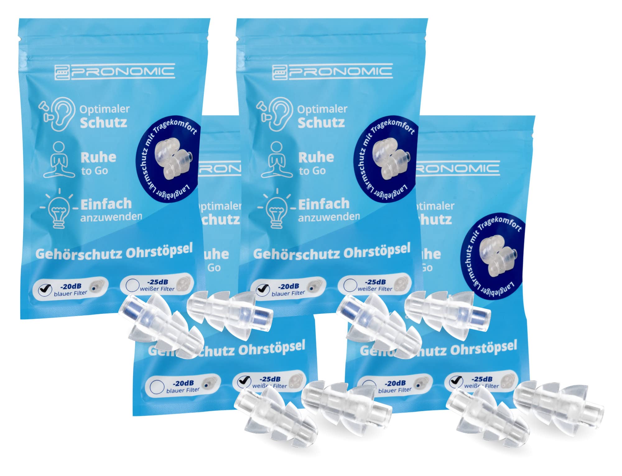 Pronomic Bouchons d'Oreille Protection Auditive Set Mixte, Taille moyenne | Protection auditive design sapin, 4 pièces avec filtre bleu atténuation 20 dB, 4 pièces avec filtre blanc atténuation 25 dB
