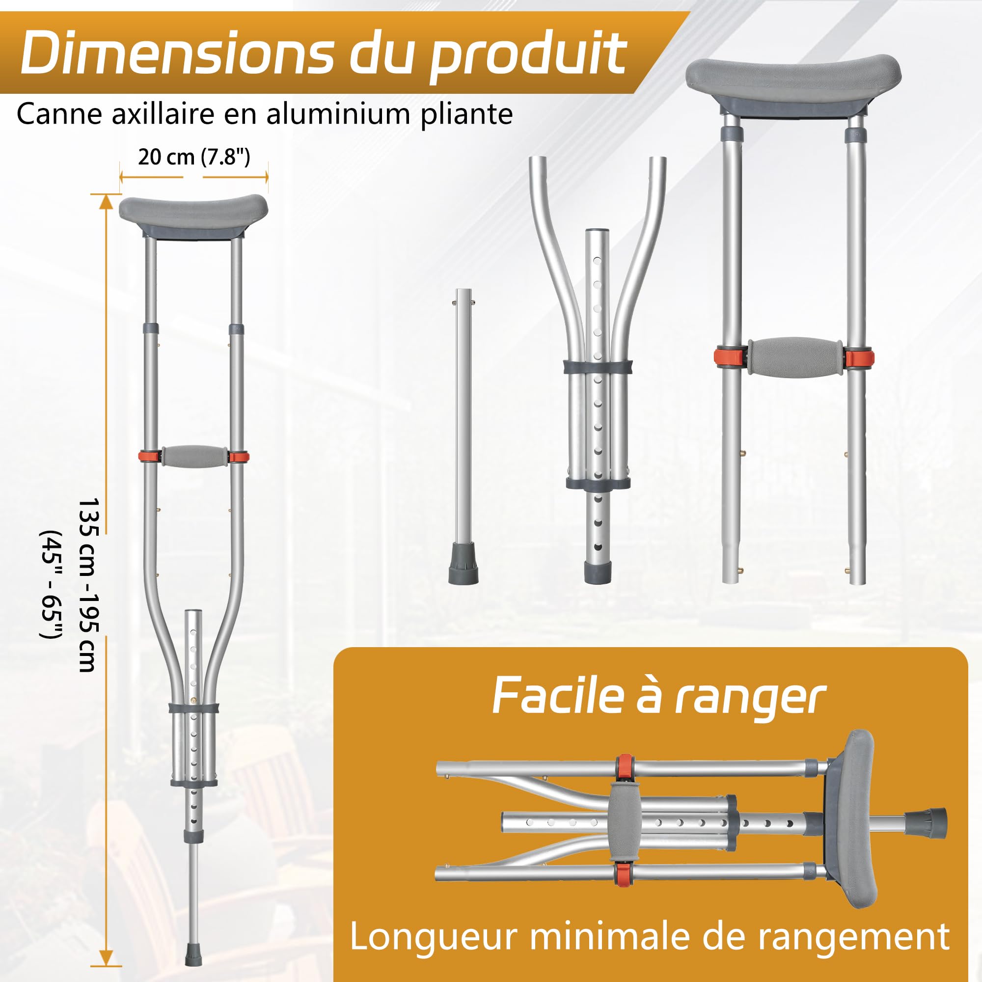 OUUTMEE Béquilles sous Aisselle Pliables en Aluminium, Paire, Jusqu'à 150KG | Réglable en Hauteur: 98~158CM, Appui Axillaire Léger, Pour Marche, Blessures et Rééducation