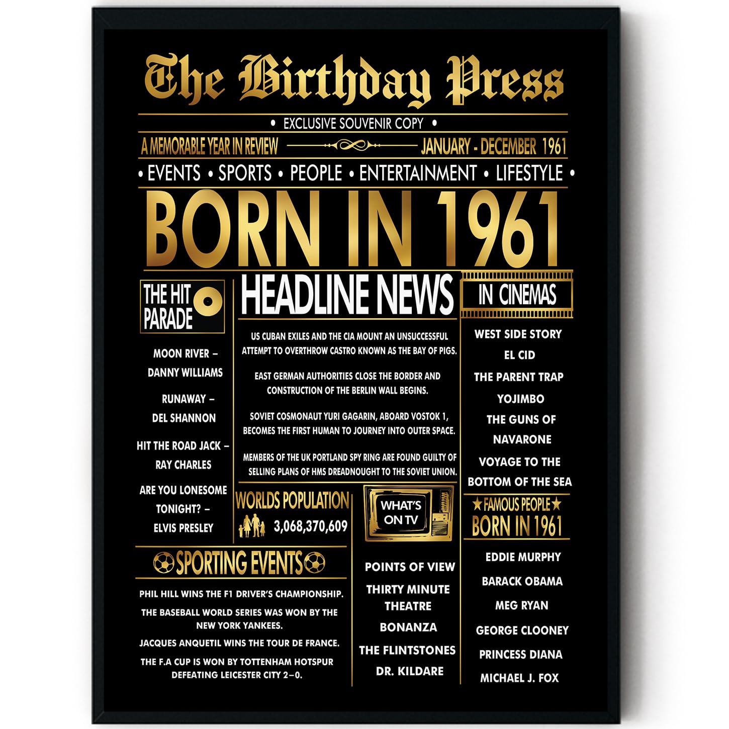 Stuff4 Gold 65th Birthday Poster Framed - Golden Born In 1961 Newspaper - Happy 65 Birthday for Men Women Retro Vintage Gifts Back In 1961, 8x10 Inch Bday Party Decor Decoration