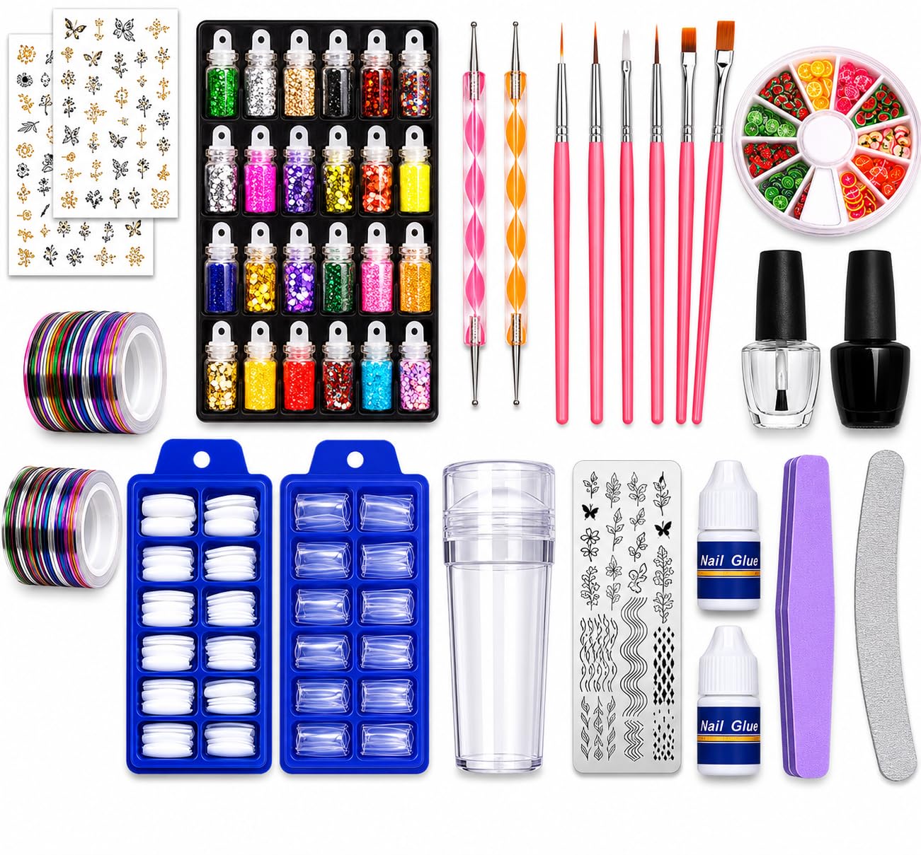 Professional Nail Art Kit for Women & Girls | 100pcs White & Transparent False Nails | 24 Glitter Bottles | Nail Brushes | Dotting Pens | Nail Stickers | Glue | Stamper | Buffer & Filer | Complete DIY Nail Decoration Set-image-38