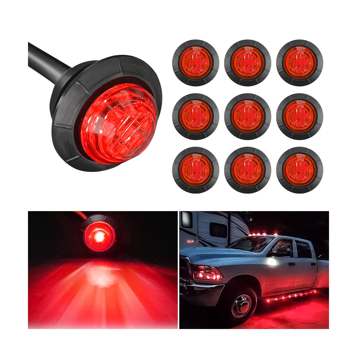 10 Pcs 3/4” LED Round Clearance Bullet Marker Lights, Waterproof Running Signal Tail Bullet Light, Universal Car Truck Trailer Accessories (Red)