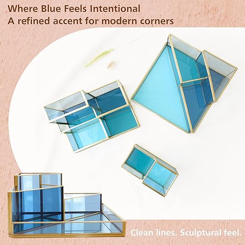 Miniatura 5 de FONDAZZA Organizador de escritorio decorativo de 4 compartimentos para suministros de oficina en casa, latón dorado con vidrio teñido azul, tela