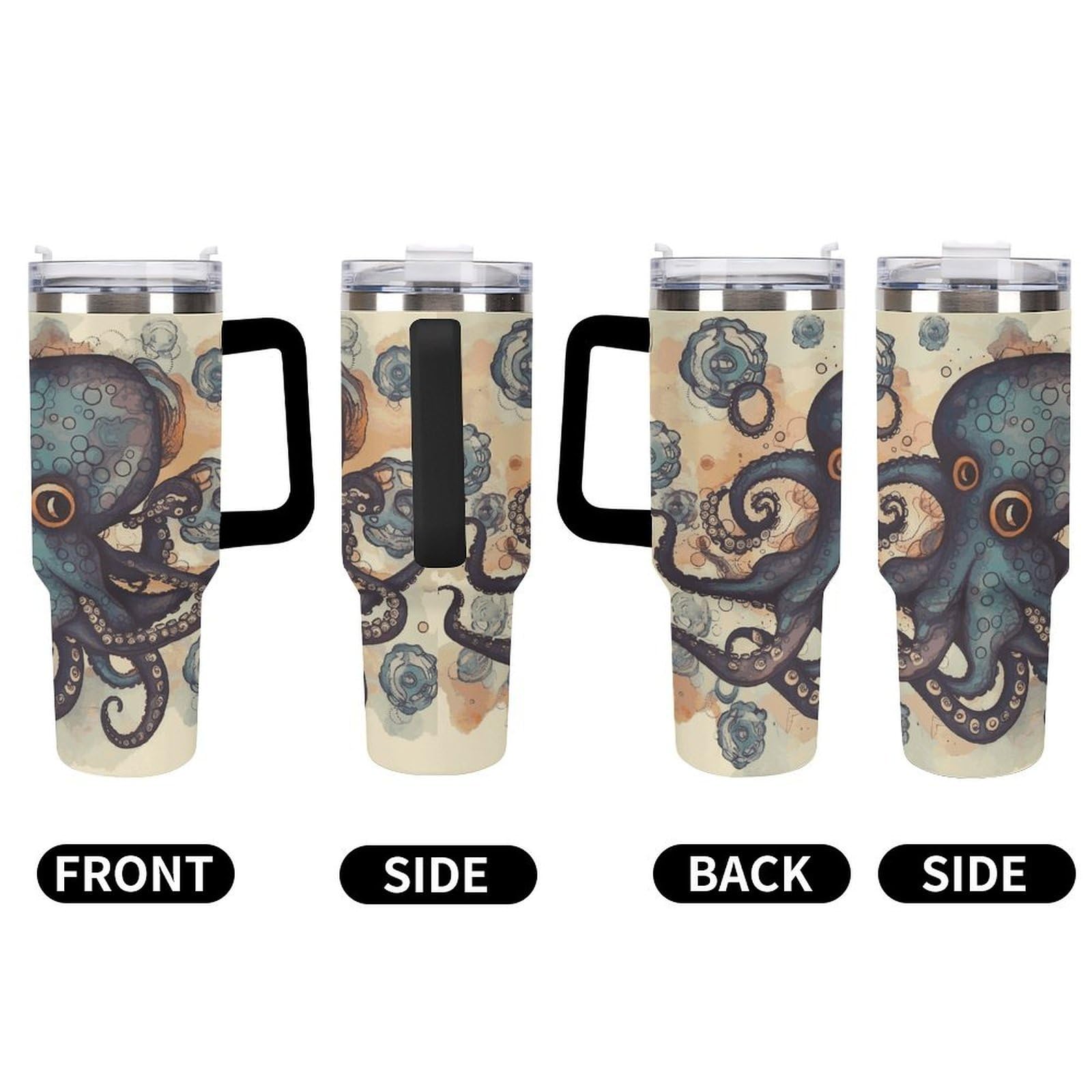 Retro-Oktopus-Tassen mit Strohhalm und Griff, doppelwandige Vakuumisolierung, Wasserflaschen für Eiskaffee, Tee, heiße und kalte Getränke
