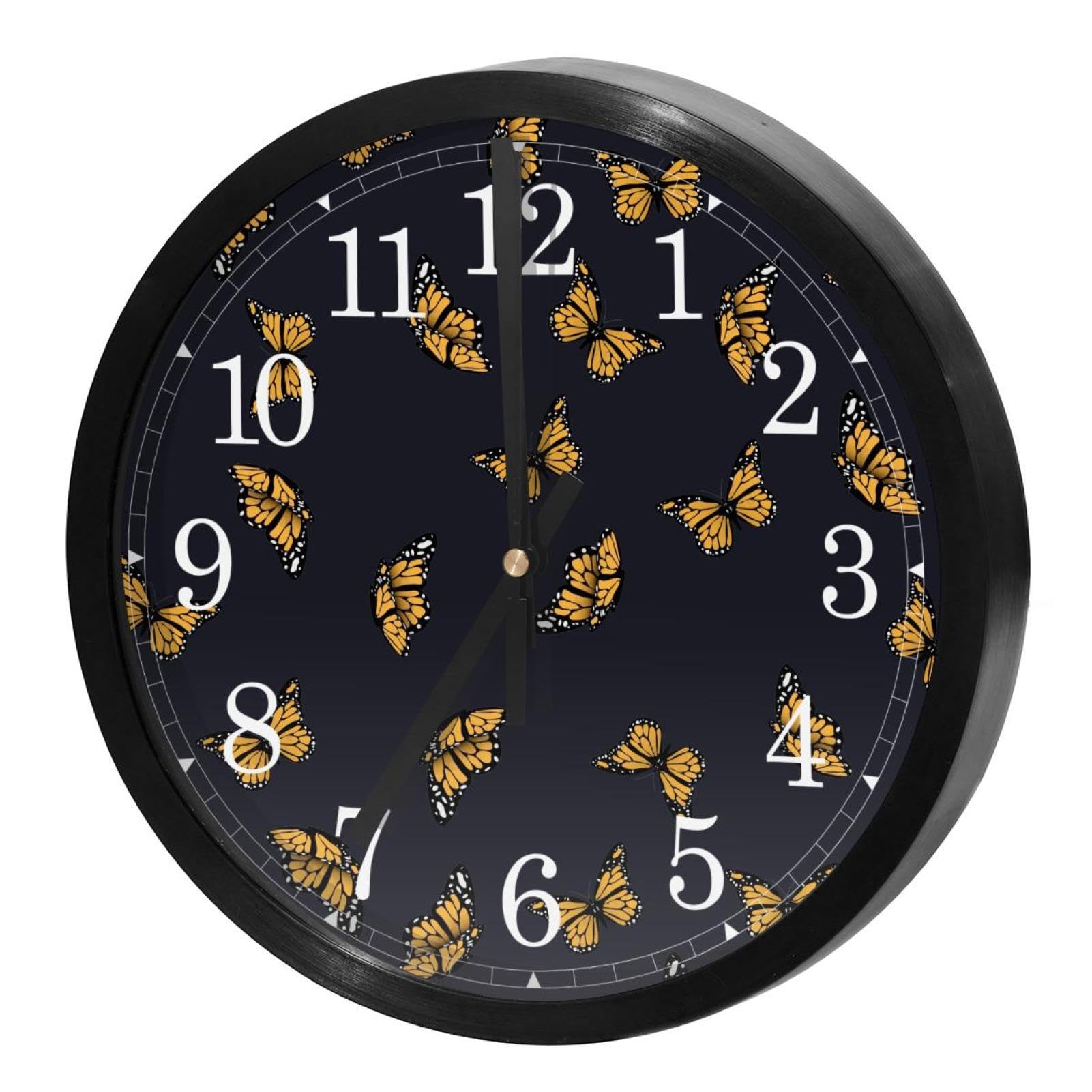 Horloge murale ronde haut de gamme au design de papillon jaune et fond noir